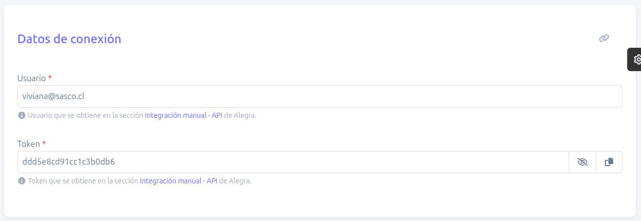 Datos de conexión configurados en BillMySales