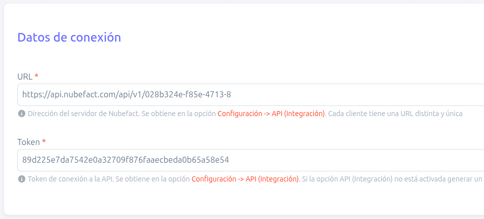 Datos de conexión en BillMySales