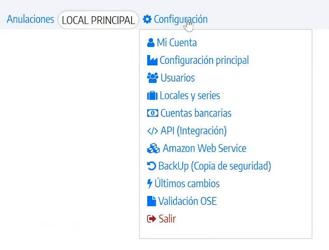 Menú de configuración NubeFact