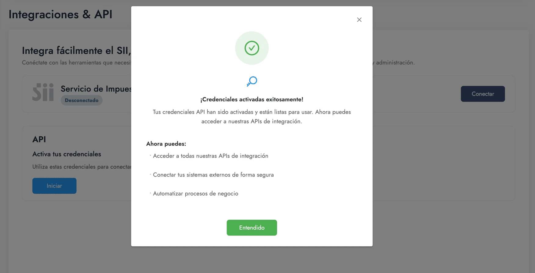 Credenciales creadas en Nubox