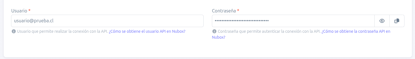 Credenciales de Nubox configuradas en BillMySales