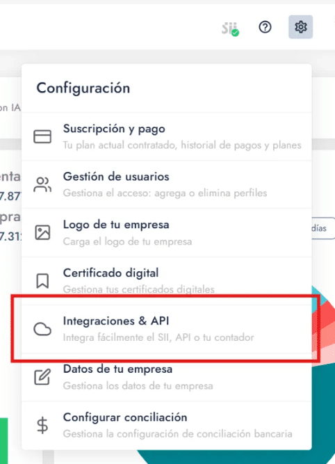 Menú de configuración en Nubox