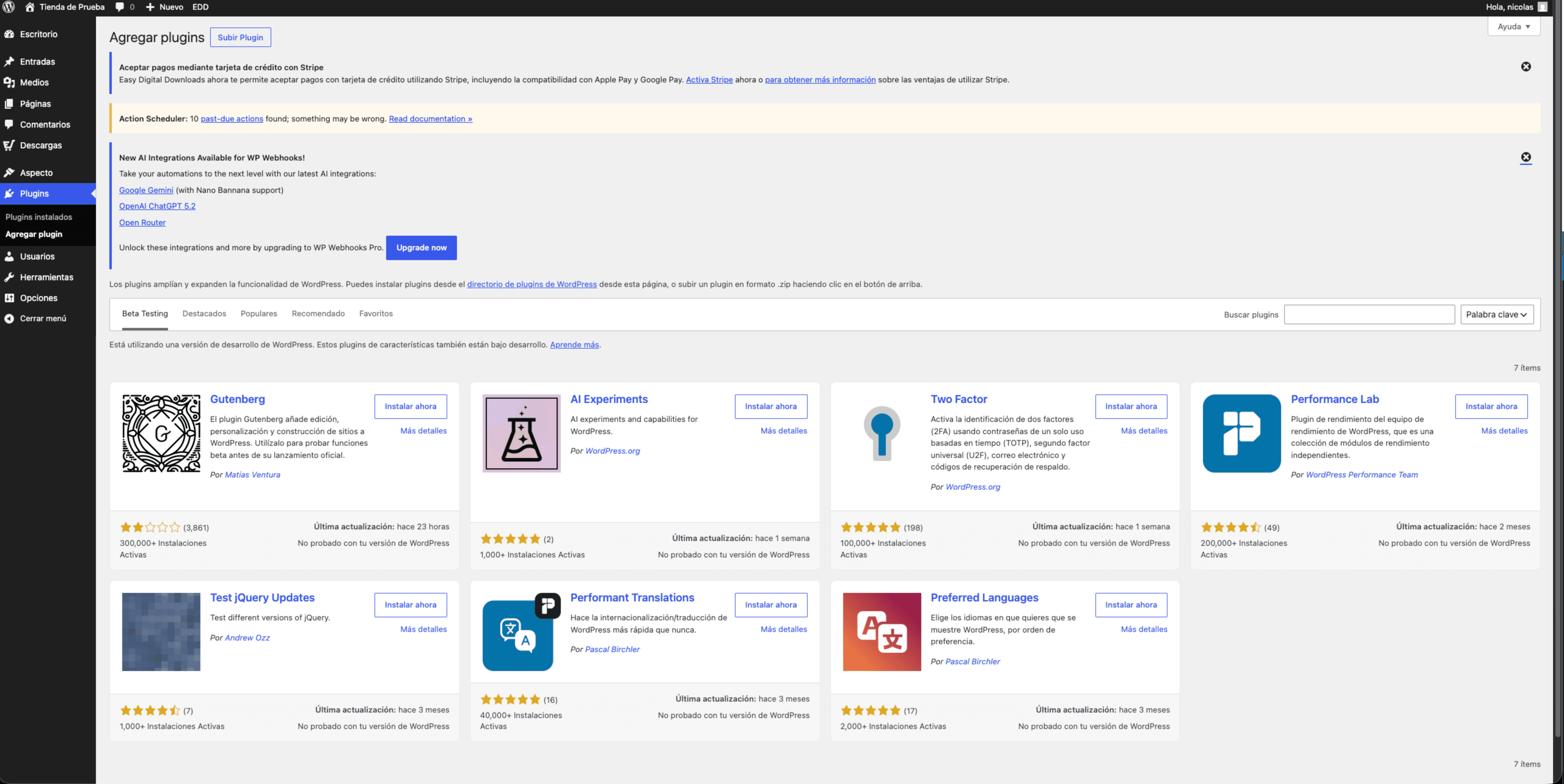 Opción de agregar plugin en wordpress