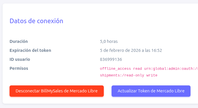 Datos de conexión Mercado Libre y BillMySales