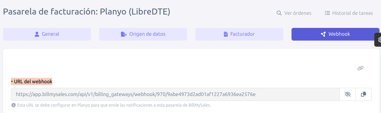 Pestaña Webhook en BillMySales