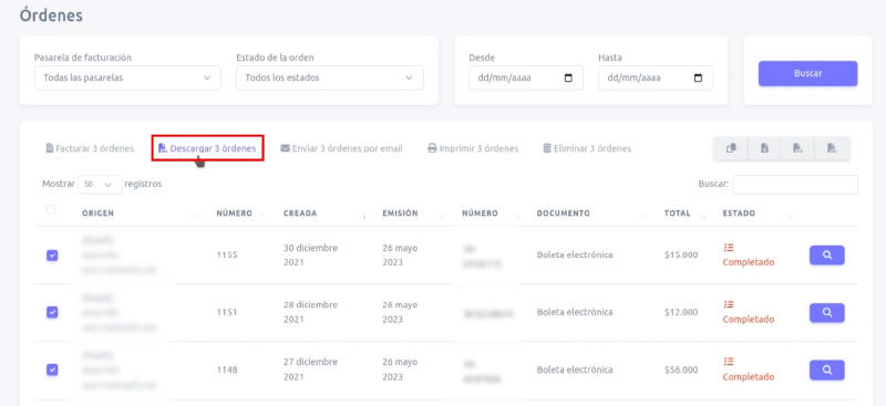 Botón para descargar ordenes seleccionadas