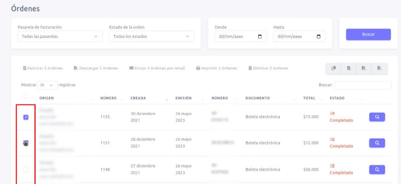 Órdenes seleccionadas