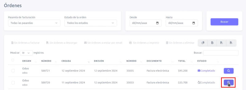 Botón para ingresar a orden