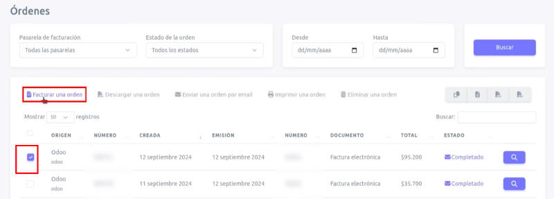 Opción para seleccionar órdenes a facturar