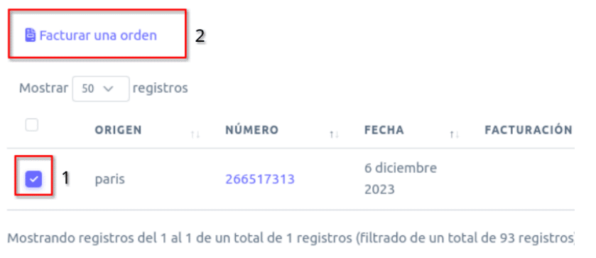 Botón Facturar una orden