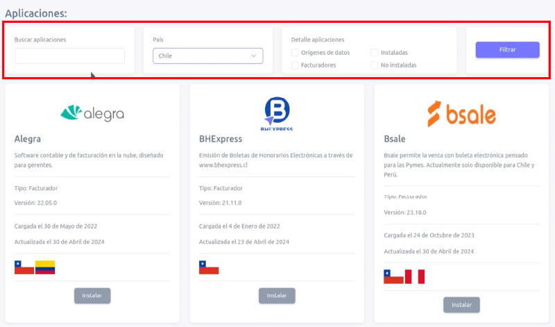 Opciones para filtrar aplicaciones