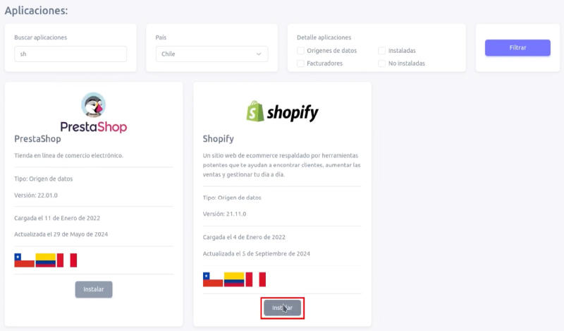 Instalar aplicación de Origen de datos