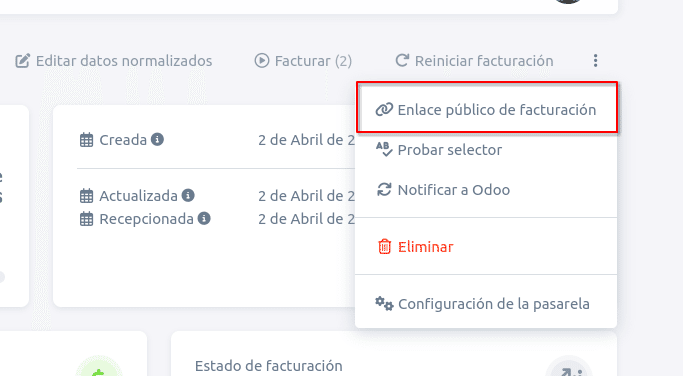 Opción Enlace público de facturación