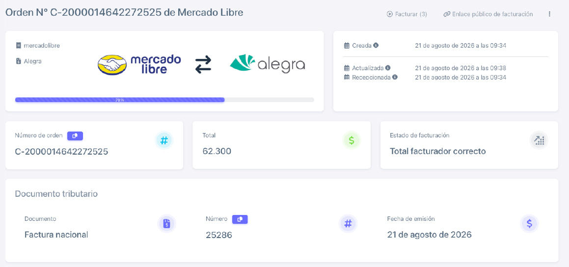Pestaña Facturador en BillMySales con Alegra configurado, región Colombia y un pedido de Mercado Libre ya facturado