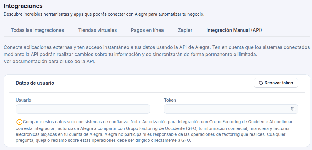 Datos de conexión en alegra