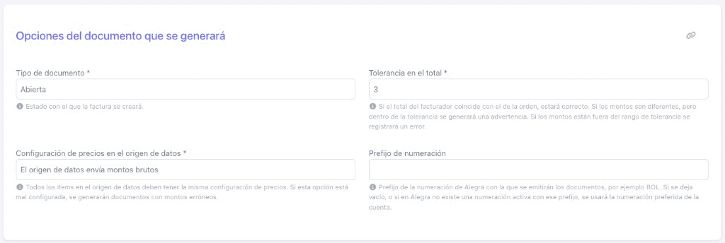 Opciones del documento en BillMySales