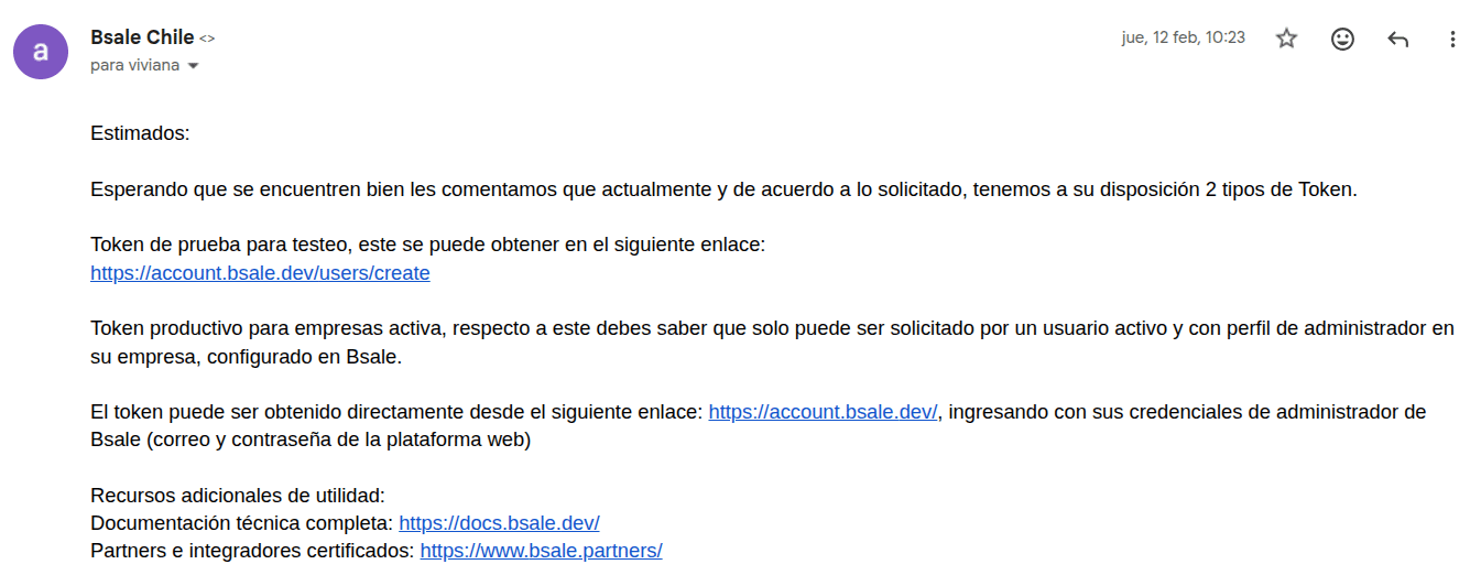 Correo con token de bsale