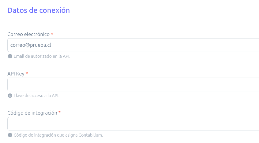 Datos de conexión completados en BillMySales