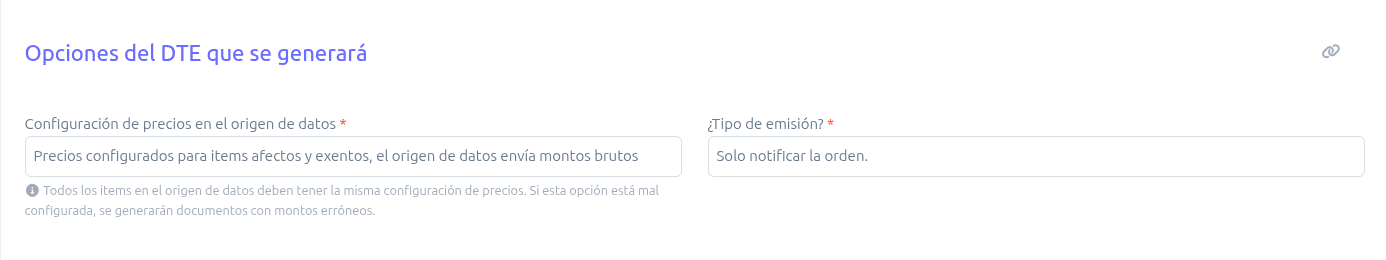 Opciones del DTE que se generará
