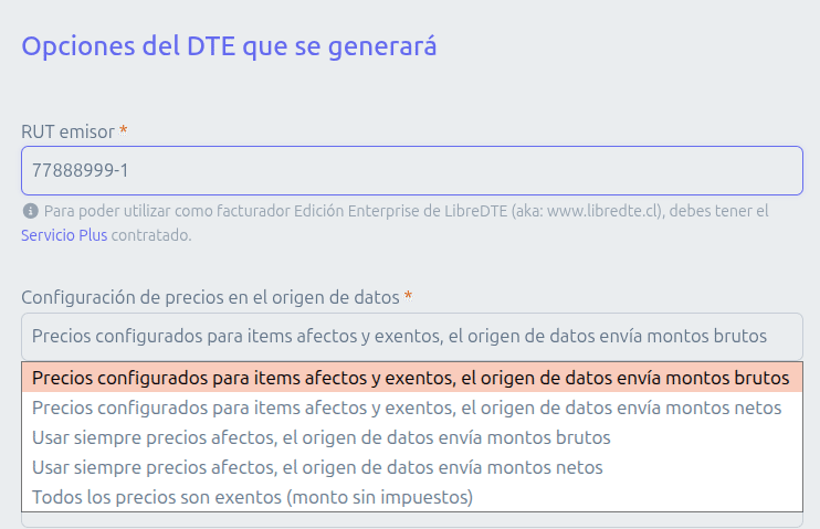 Opciones del DTE que se generará