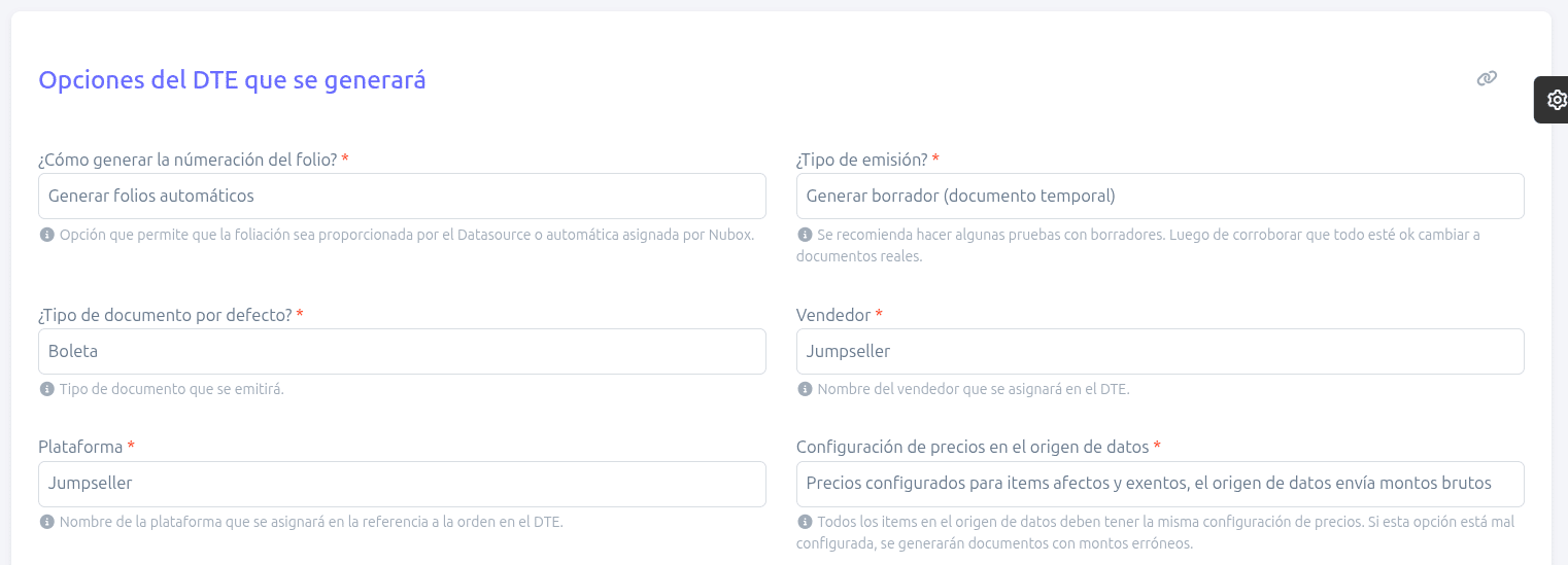 Opciones del DTE que se generará