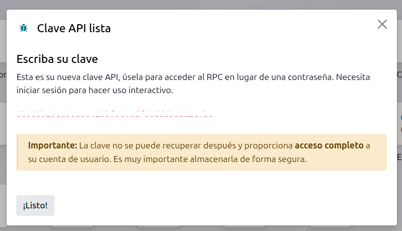 Clave API creada en Odoo