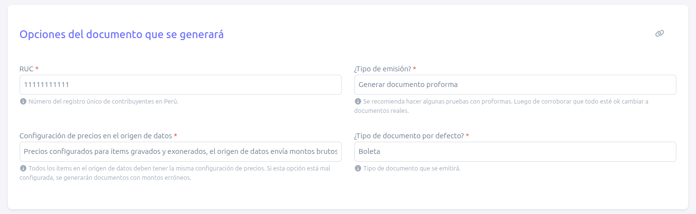 Opciones del documento que se generará