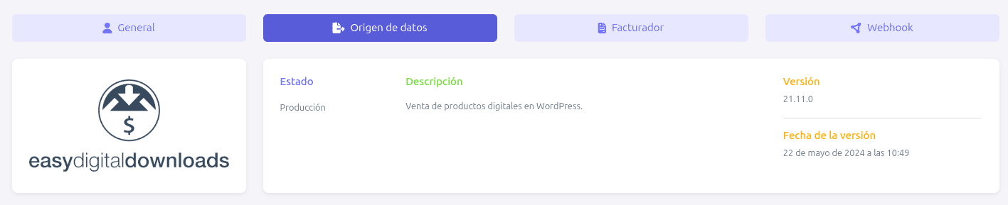Pestaña origen de datos con EasyDigitalDownloads