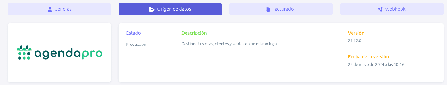 Pestaña origen de datos con Agendapro