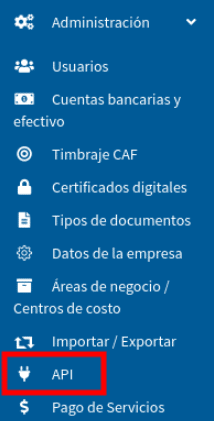 Menú de Administración - Opción API