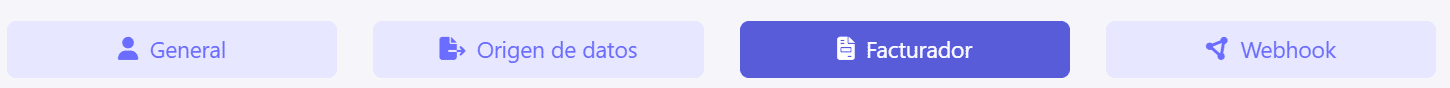 Pestañas: General, Origen de datos, Facturador, Webhook