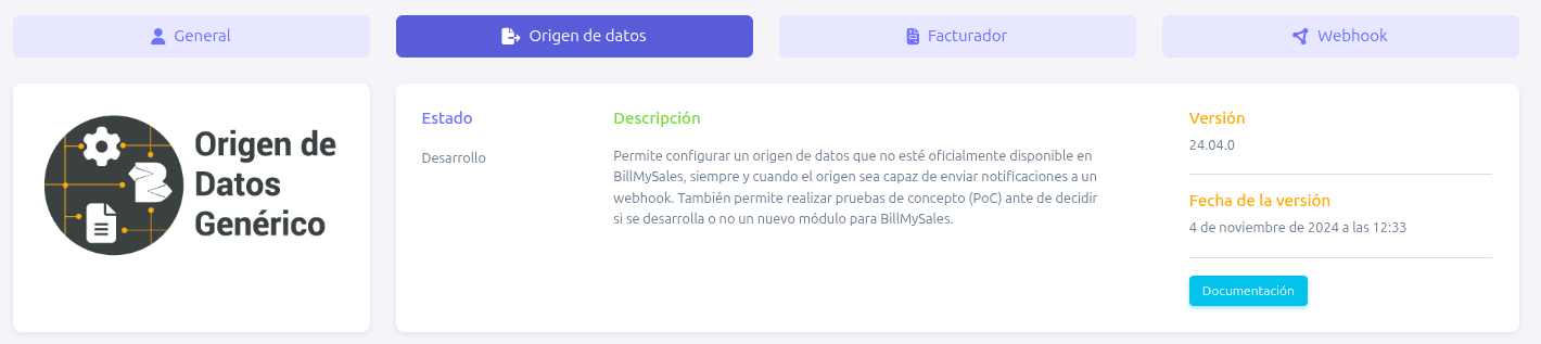 Pestaña origen de datos con Origen de datos generico
