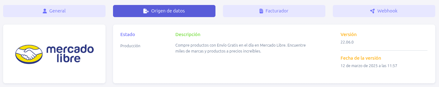 Pestaña origen de datos con Mercado Libre