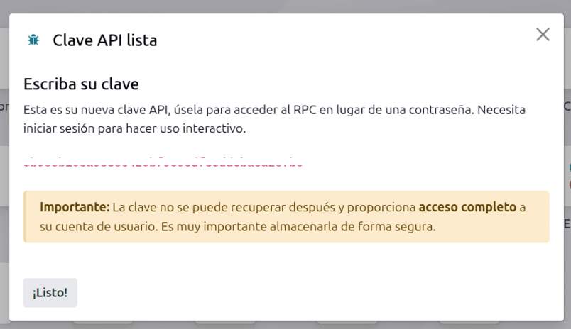 Clave API creada en Odoo