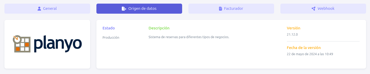 Pestaña origen de datos con Planyo
