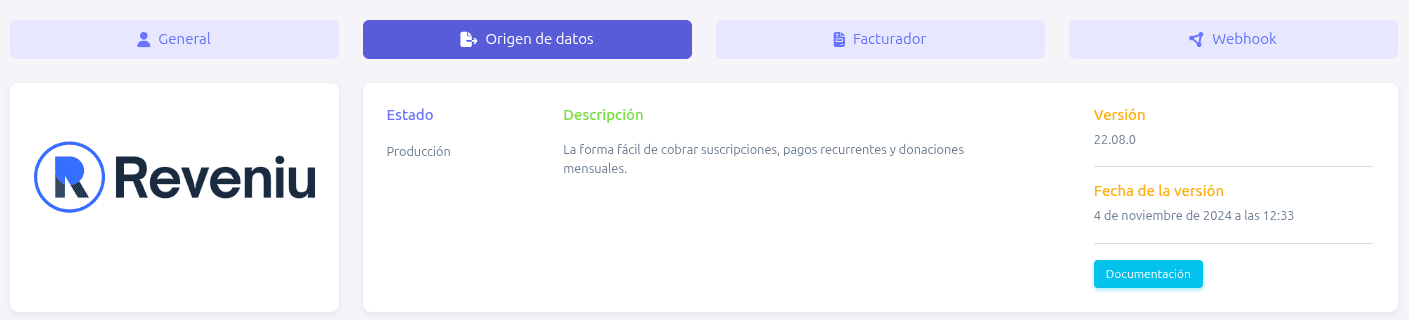 Pestaña origen de datos con Reveniu