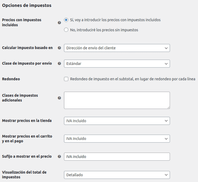 Opciones de impuestos en WooCommerce